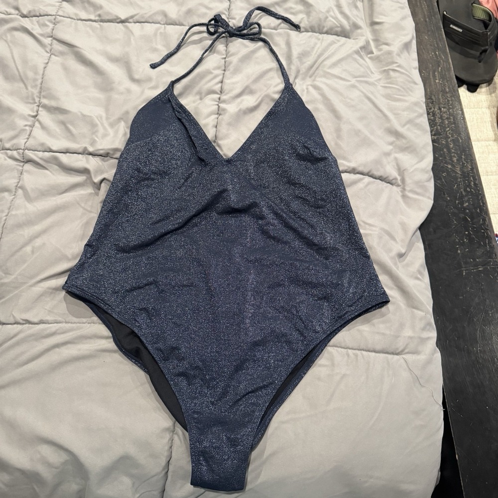 Cupshe Total Eclipse Halter Twist-Back Cheeky One Piece‎ Swimsuit XL NWT Blue